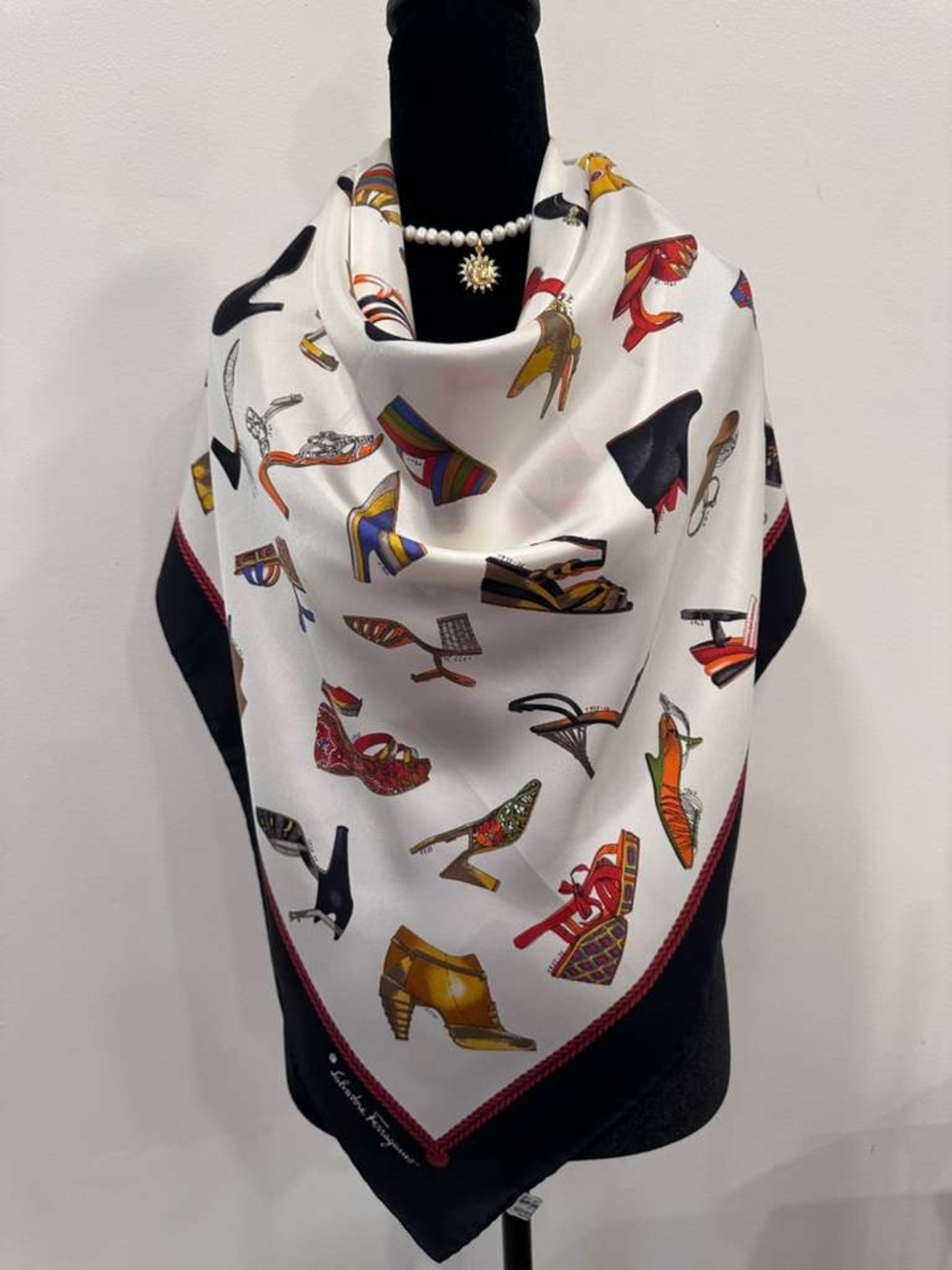 Salvatore Ferragamo Silk Scarf White Navy Hand Rolled Made in Italy